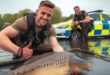 Mat police - unhooking mat police - carp fishing police. Image of angling Police officers and a police car, with a carp fish held over an unhooking mat in water.