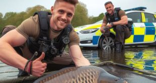 Mat police - unhooking mat police - carp fishing police. Image of angling Police officers and a police car, with a carp fish held over an unhooking mat in water.