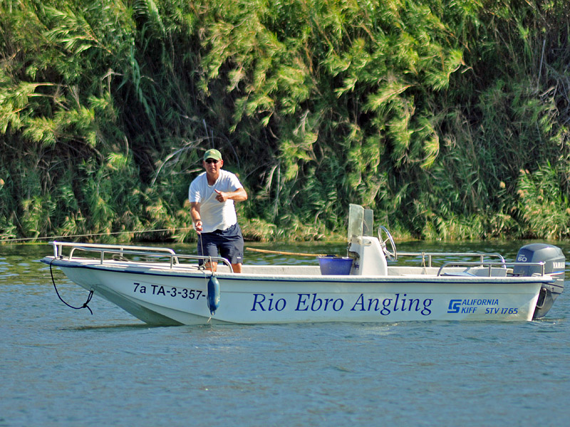 Carl of Rio Ebro Angling setting the catfish baits from the boat