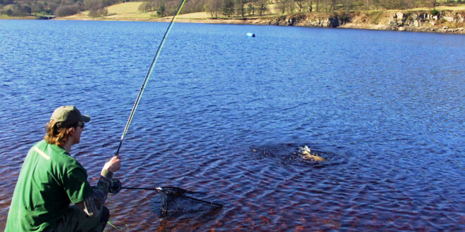 Andrew lands an Errwood reservoir rainbow trout