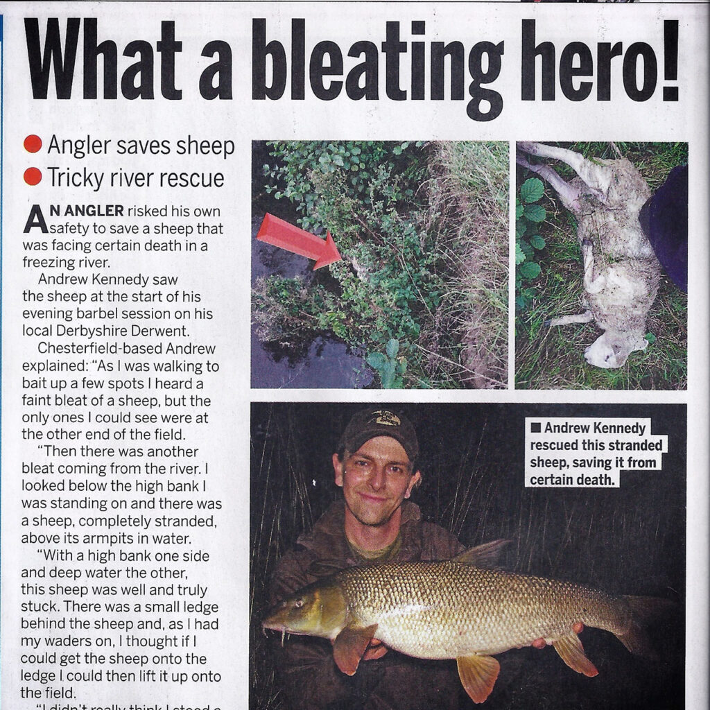 Angler Andrew Kennedy rescued a sheep stuck in the River Derwent