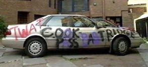 Alan Partridge graffiti-daubed car. It used to say Cock Piss Partridge but now it says Cook Pass Babtridge, so it's slightly less rude.